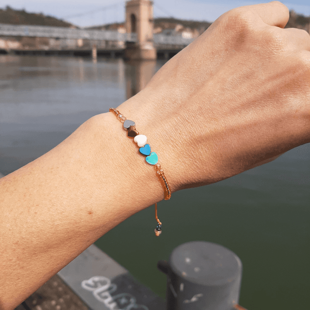 Superbe Bracelet Femme en nacre et hematite Bleu-Blanc-Doré-Turquoise  sur nœud coulissant 